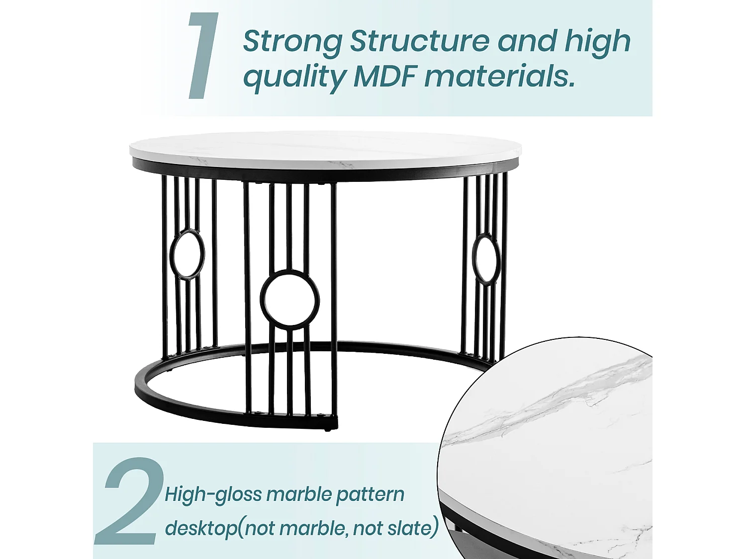 Table Basse Gigogne 2 Pièces - Tables Rondes Empilables pour Salon et Balcon, MDF et Métal - Noir