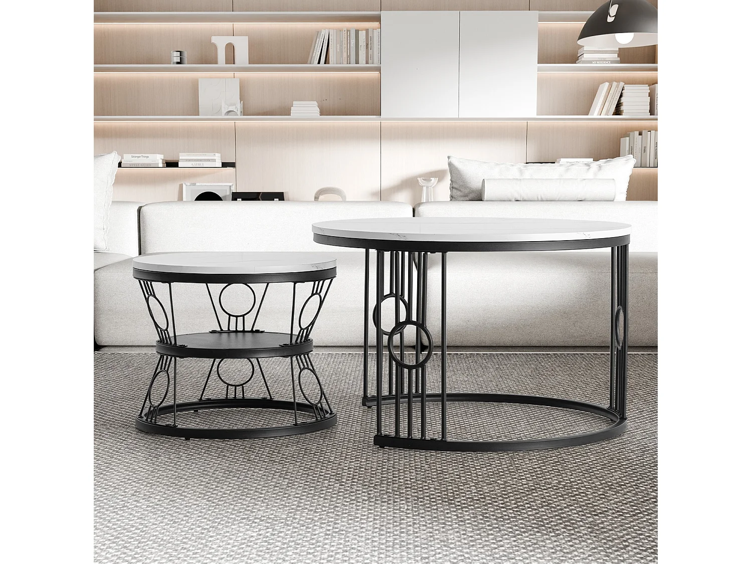 Table Basse Gigogne 2 Pièces - Tables Rondes Empilables pour Salon et Balcon, MDF et Métal - Noir