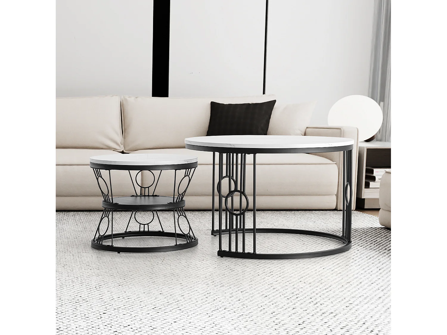 Table Basse Gigogne 2 Pièces - Tables Rondes Empilables pour Salon et Balcon, MDF et Métal - Noir