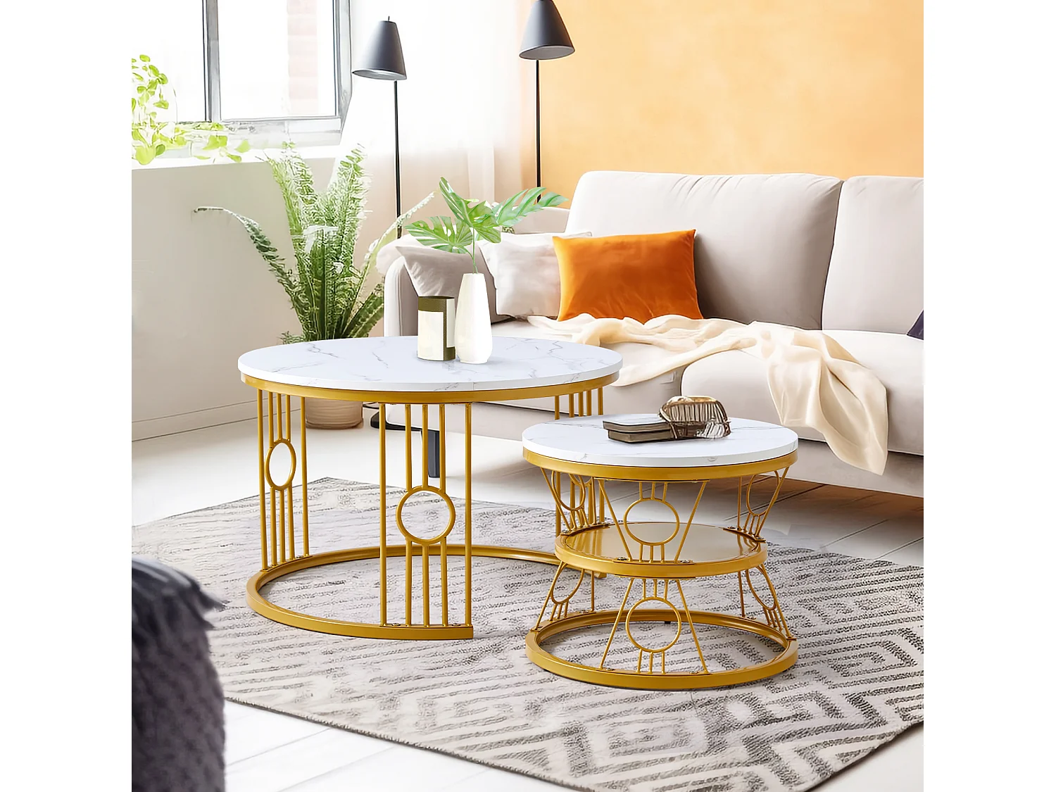 Table Basse Gigogne 2 Pièces - Tables Rondes Empilables pour Salon et Balcon, MDF et Métal - Or