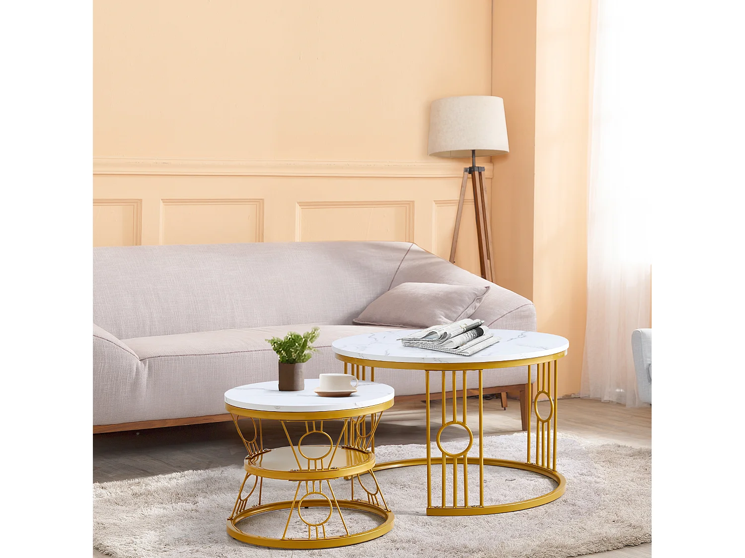 Table Basse Gigogne 2 Pièces - Tables Rondes Empilables pour Salon et Balcon, MDF et Métal - Or