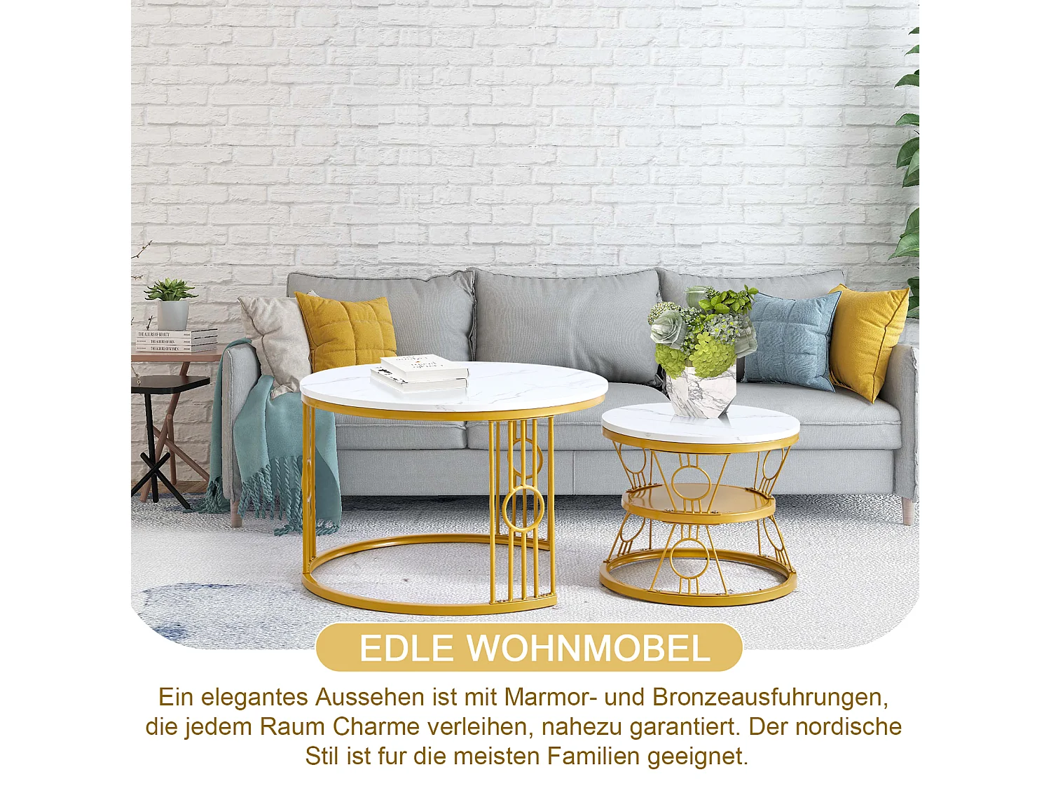 Table Basse Gigogne 2 Pièces - Tables Rondes Empilables pour Salon et Balcon, MDF et Métal - Or