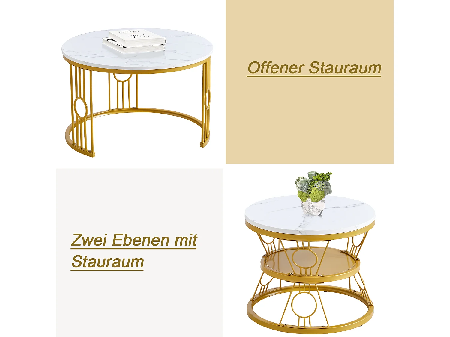 Table Basse Gigogne 2 Pièces - Tables Rondes Empilables pour Salon et Balcon, MDF et Métal - Or