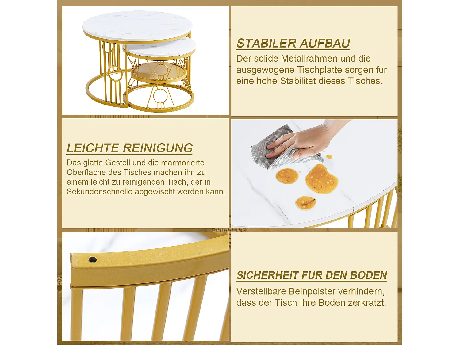 Table Basse Gigogne 2 Pièces - Tables Rondes Empilables pour Salon et Balcon, MDF et Métal - Or