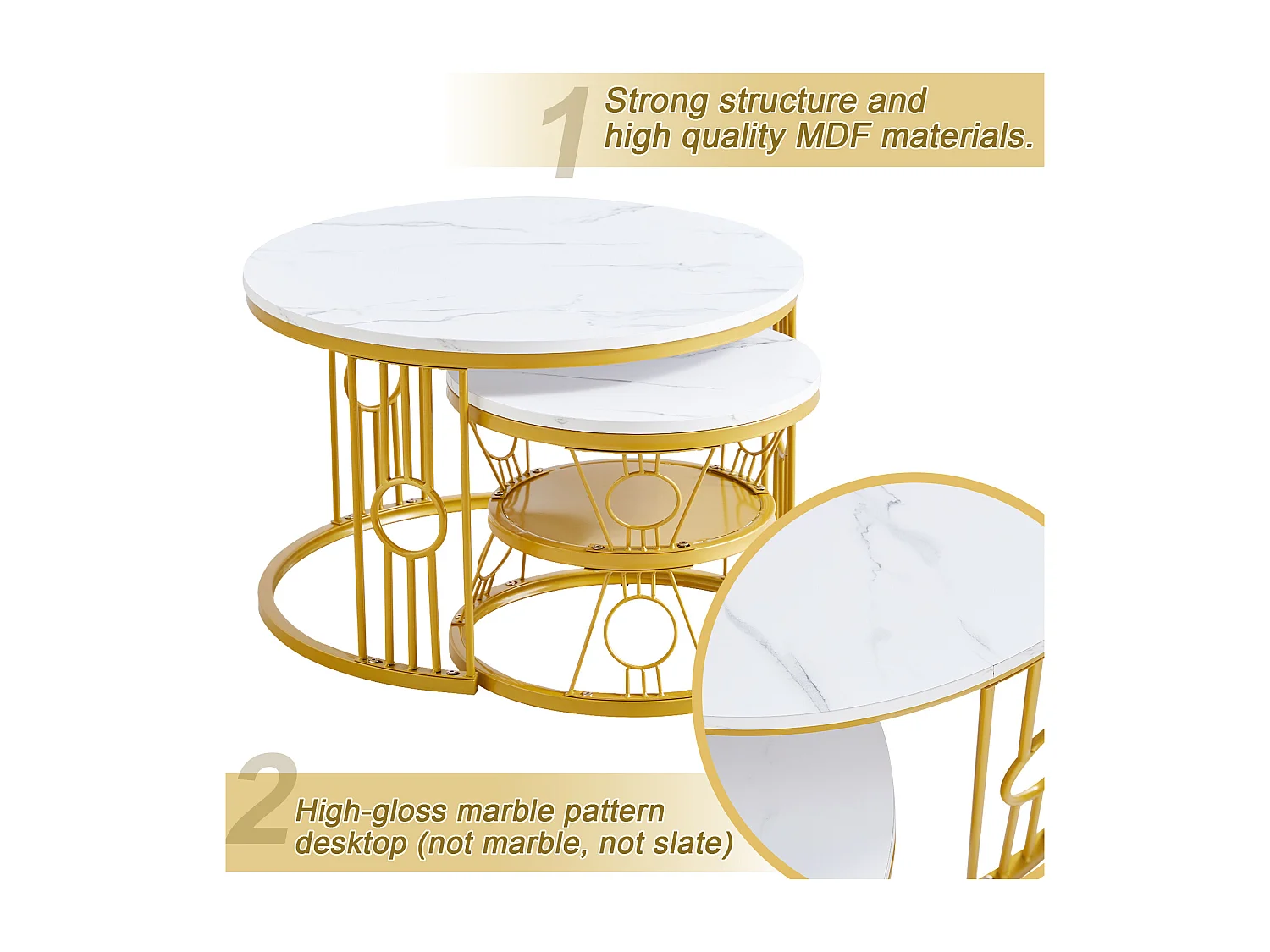 Table Basse Gigogne 2 Pièces - Tables Rondes Empilables pour Salon et Balcon, MDF et Métal - Or