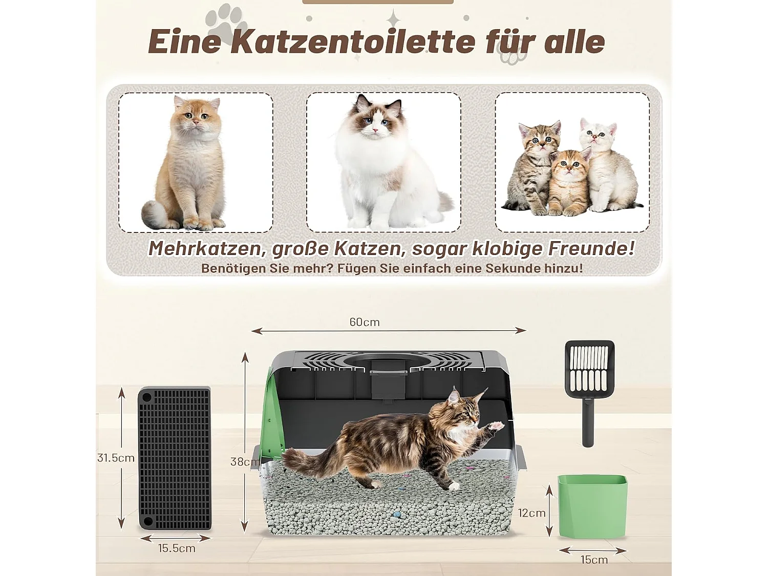 YODOLLA Katzentoilette, Edelstahl Katzenklo mit Deckel, Schaufel und Pedal, Dichtesign für Große Katzen, 60x40x38cm, Schwarz