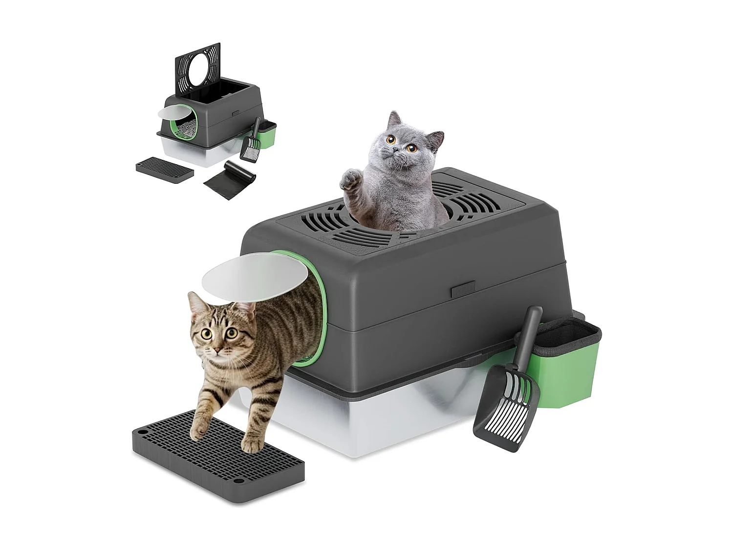 YODOLLA Katzentoilette, Edelstahl Katzenklo mit Deckel, Schaufel und Pedal, Dichtesign für Große Katzen, 60x40x38cm, Schwarz