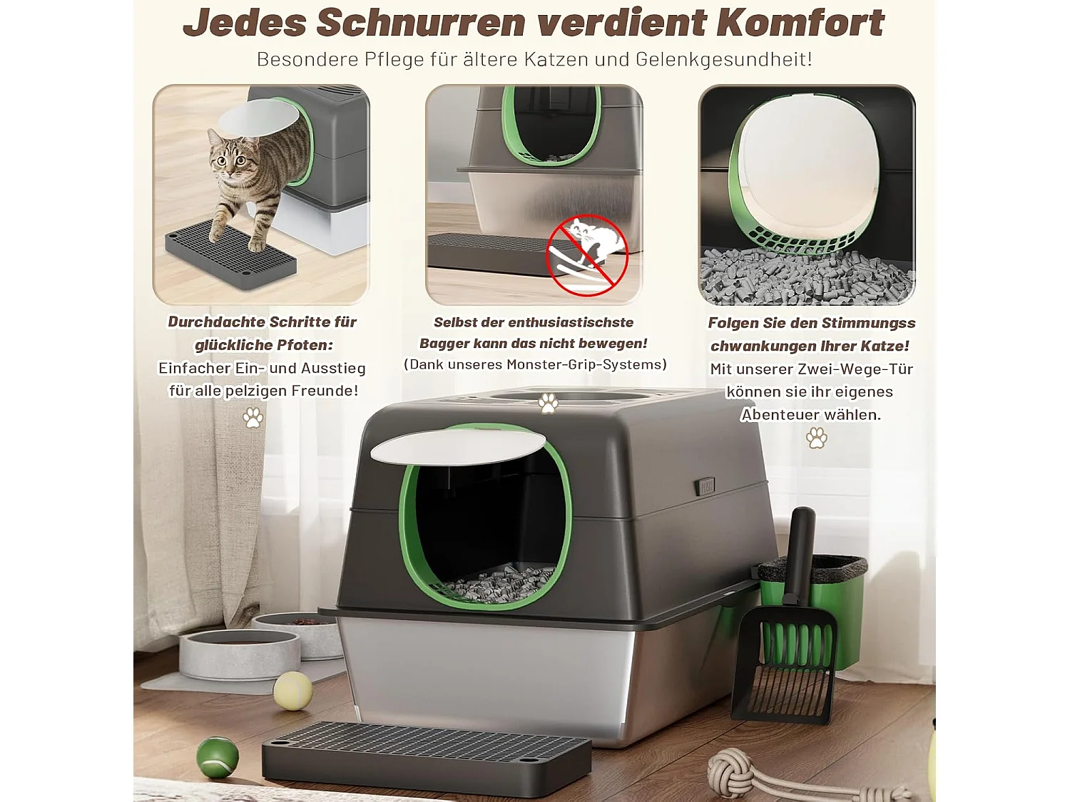 YODOLLA Katzentoilette, Edelstahl Katzenklo mit Deckel, Schaufel und Pedal, Dichtesign für Große Katzen, 60x40x38cm, Schwarz