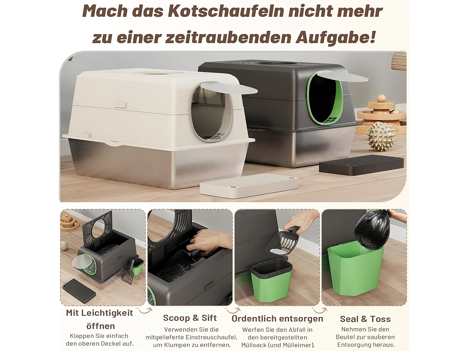 YODOLLA Katzentoilette, Edelstahl Katzenklo mit Deckel, Schaufel und Pedal, Dichtesign für Große Katzen, 60x40x38cm, Schwarz