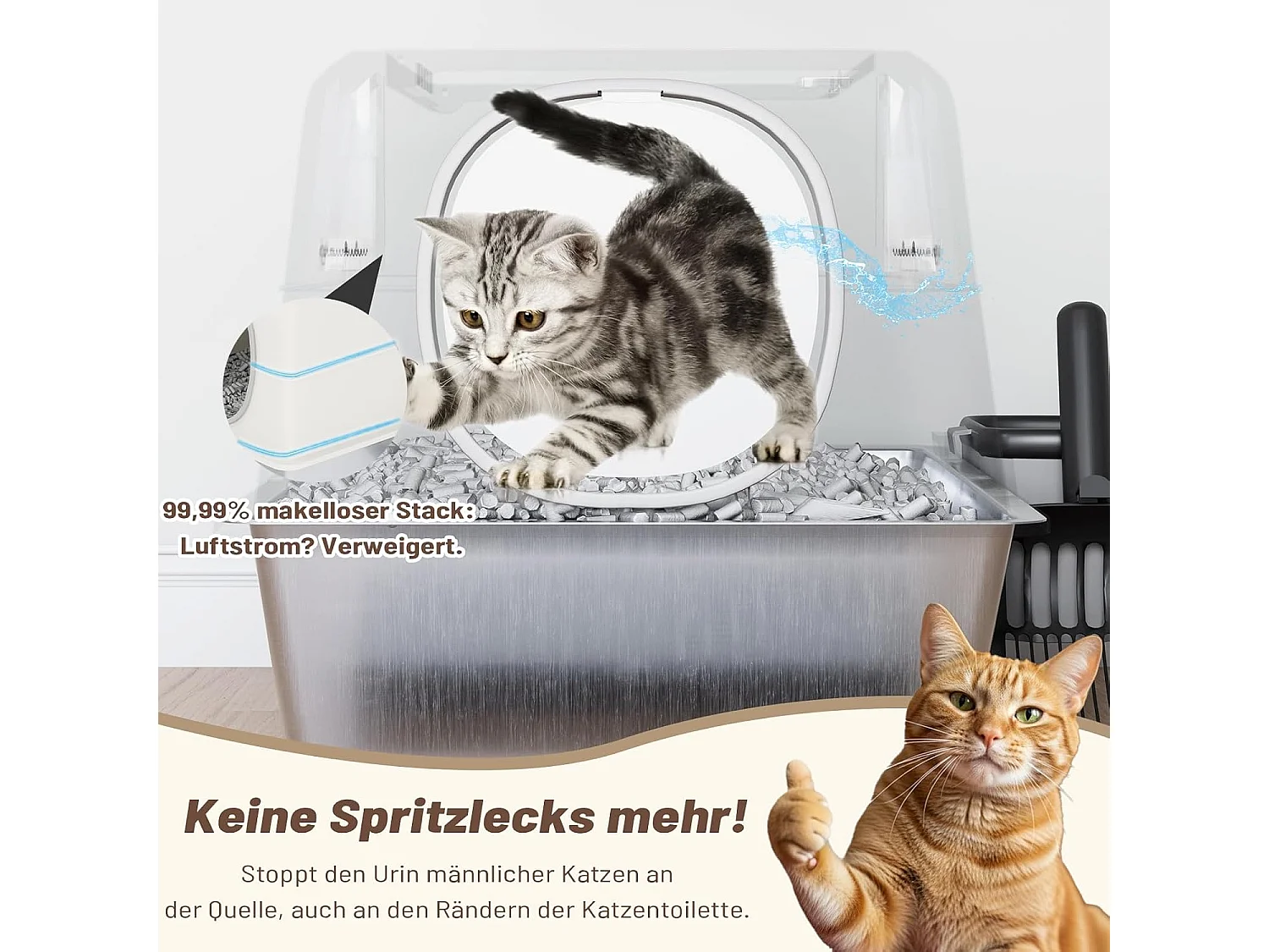 YODOLLA Katzentoilette, Edelstahl Katzenklo mit Deckel, Schaufel und Pedal, Dichtesign für Große Katzen, 60x40x38cm, Weiß