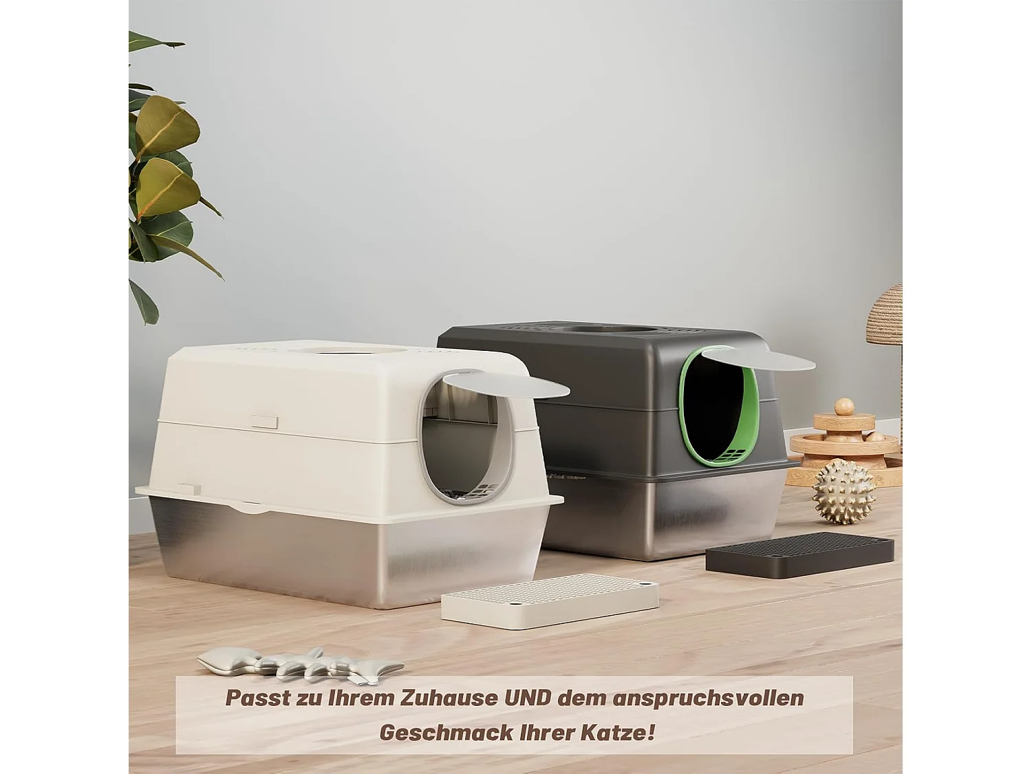 YODOLLA Katzentoilette, Edelstahl Katzenklo mit Deckel, Schaufel und Pedal, Dichtesign für Große Katzen, 60x40x38cm, Weiß