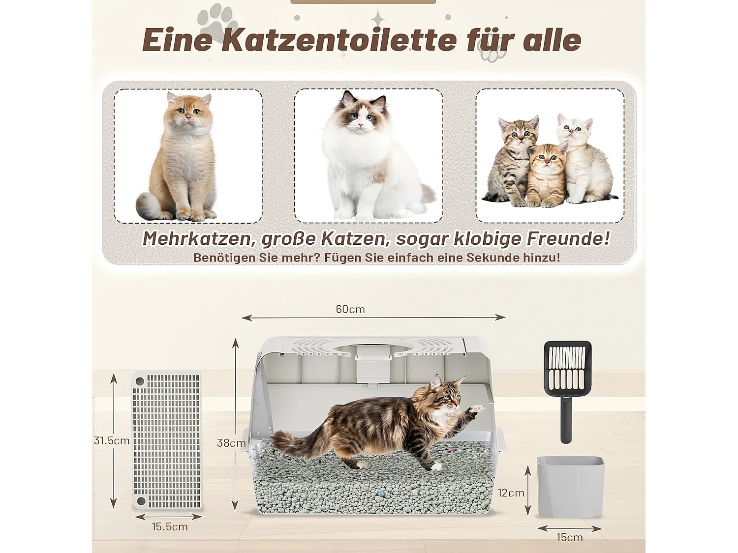 YODOLLA Katzentoilette, Edelstahl Katzenklo mit Deckel, Schaufel und Pedal, Dichtesign für Große Katzen, 60x40x38cm, Weiß