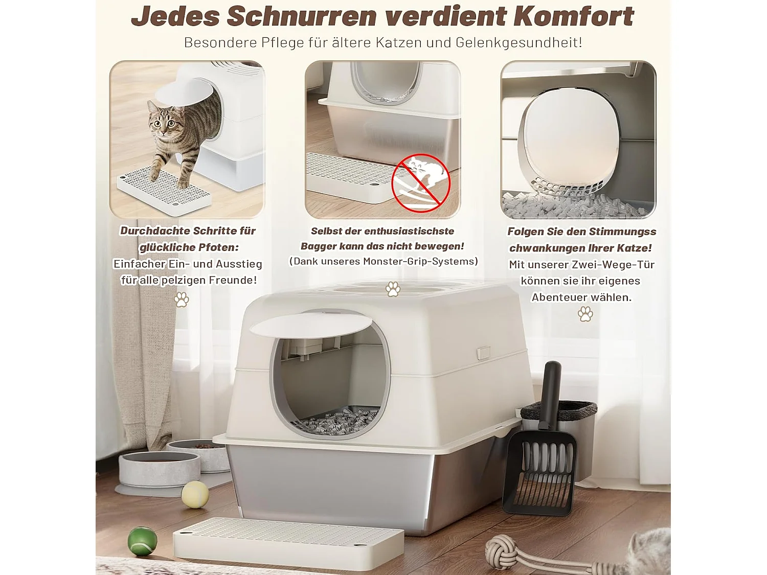YODOLLA Katzentoilette, Edelstahl Katzenklo mit Deckel, Schaufel und Pedal, Dichtesign für Große Katzen, 60x40x38cm, Weiß