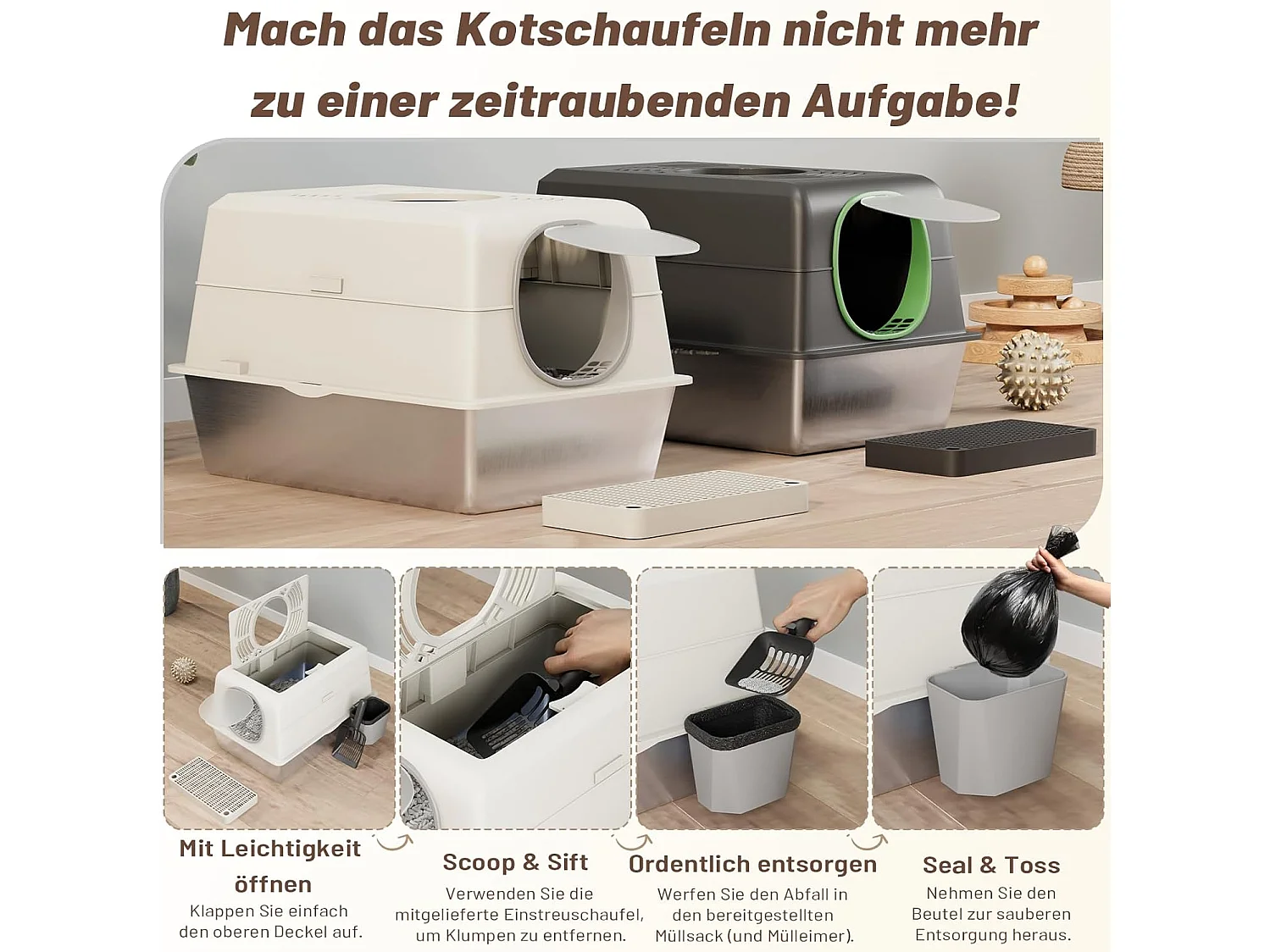 YODOLLA Katzentoilette, Edelstahl Katzenklo mit Deckel, Schaufel und Pedal, Dichtesign für Große Katzen, 60x40x38cm, Weiß