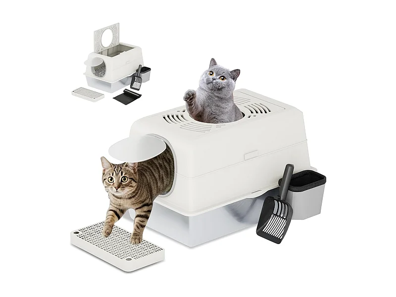 YODOLLA Katzentoilette, Edelstahl Katzenklo mit Deckel, Schaufel und Pedal, Dichtesign für Große Katzen, 60x40x38cm, Weiß