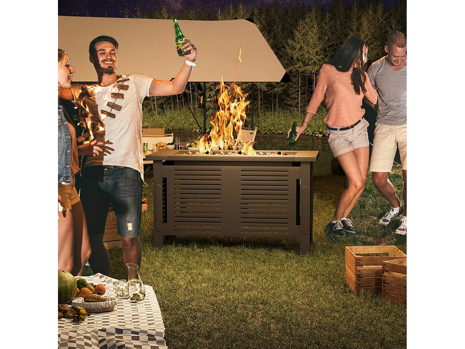 YODOLLA Holzbrennender Feuertisch, 3-in-1 Feuertisch Metallfeuerkamin für Garten & Terrasse, Outdoor Party & Camping, 108x58x63cm, Schwarz