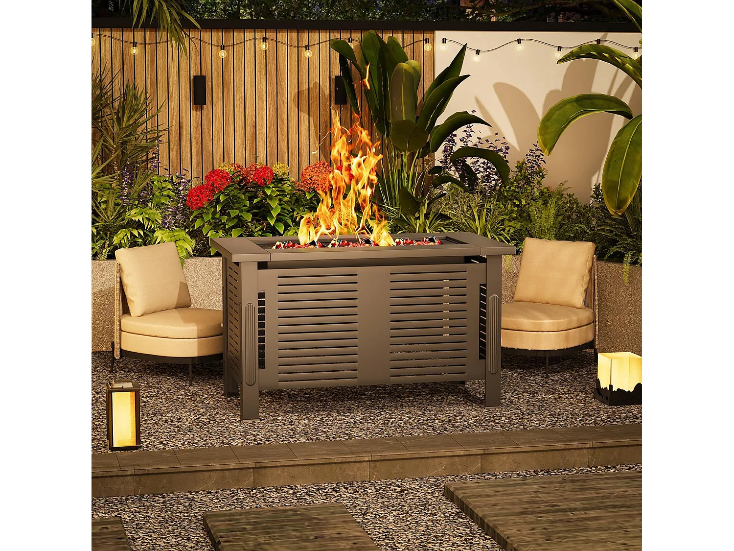 YODOLLA Holzbrennender Feuertisch, 3-in-1 Feuertisch Metallfeuerkamin für Garten & Terrasse, Outdoor Party & Camping, 108x58x63cm, Schwarz