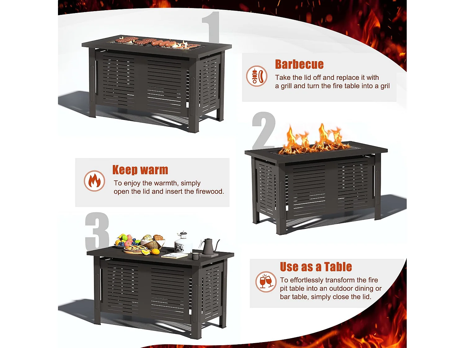 YODOLLA Holzbrennender Feuertisch, 3-in-1 Feuertisch Metallfeuerkamin für Garten & Terrasse, Outdoor Party & Camping, 108x58x63cm, Schwarz