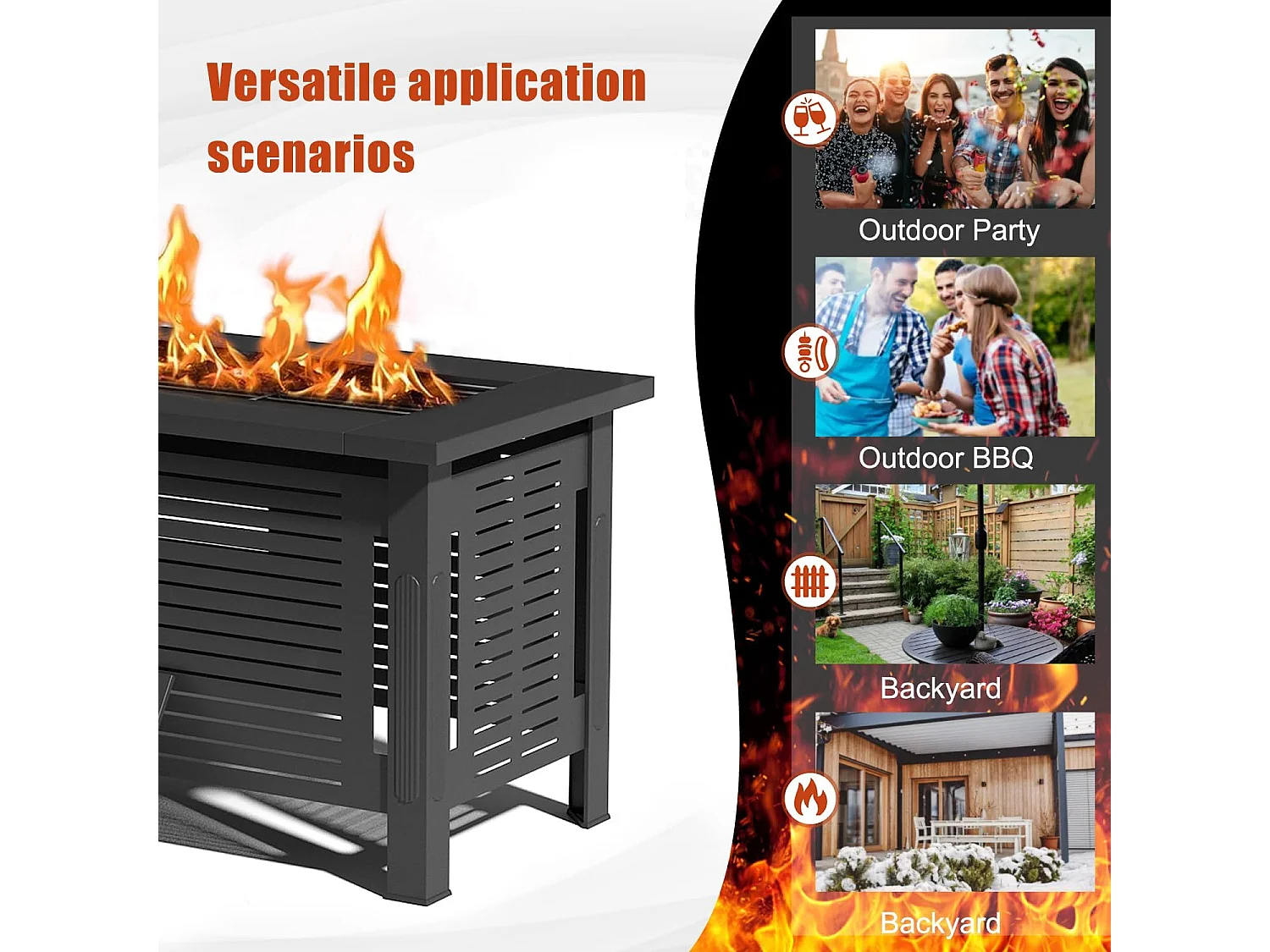 YODOLLA Holzbrennender Feuertisch, 3-in-1 Feuertisch Metallfeuerkamin für Garten & Terrasse, Outdoor Party & Camping, 108x58x63cm, Schwarz