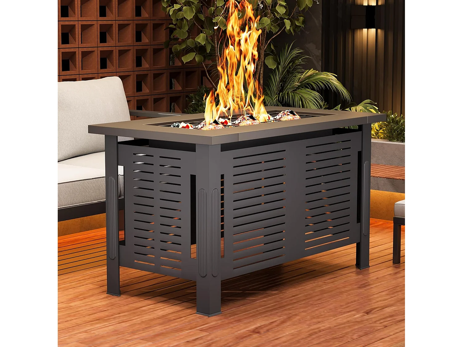 YODOLLA Holzbrennender Feuertisch, 3-in-1 Feuertisch Metallfeuerkamin für Garten & Terrasse, Outdoor Party & Camping, 108x58x63cm, Schwarz