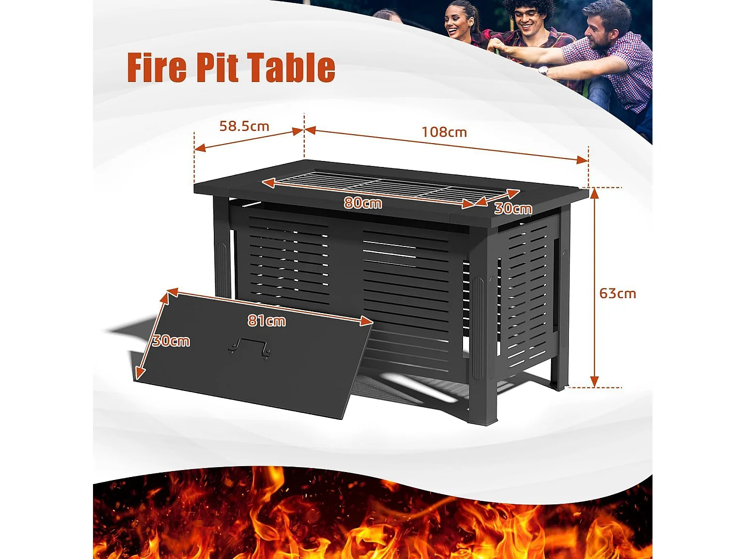 YODOLLA Holzbrennender Feuertisch, 3-in-1 Feuertisch Metallfeuerkamin für Garten & Terrasse, Outdoor Party & Camping, 108x58x63cm, Schwarz