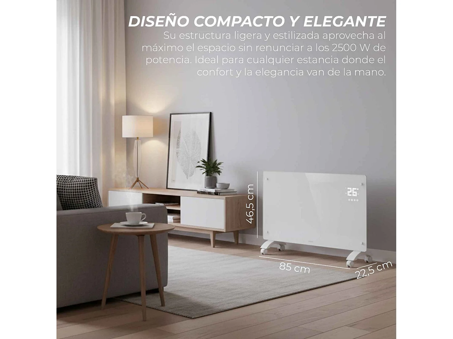 YOEVU - Emisor térmico de cristal 2500W , temporizador 24 horas, soporte con ruedas, 2 modos de potencia