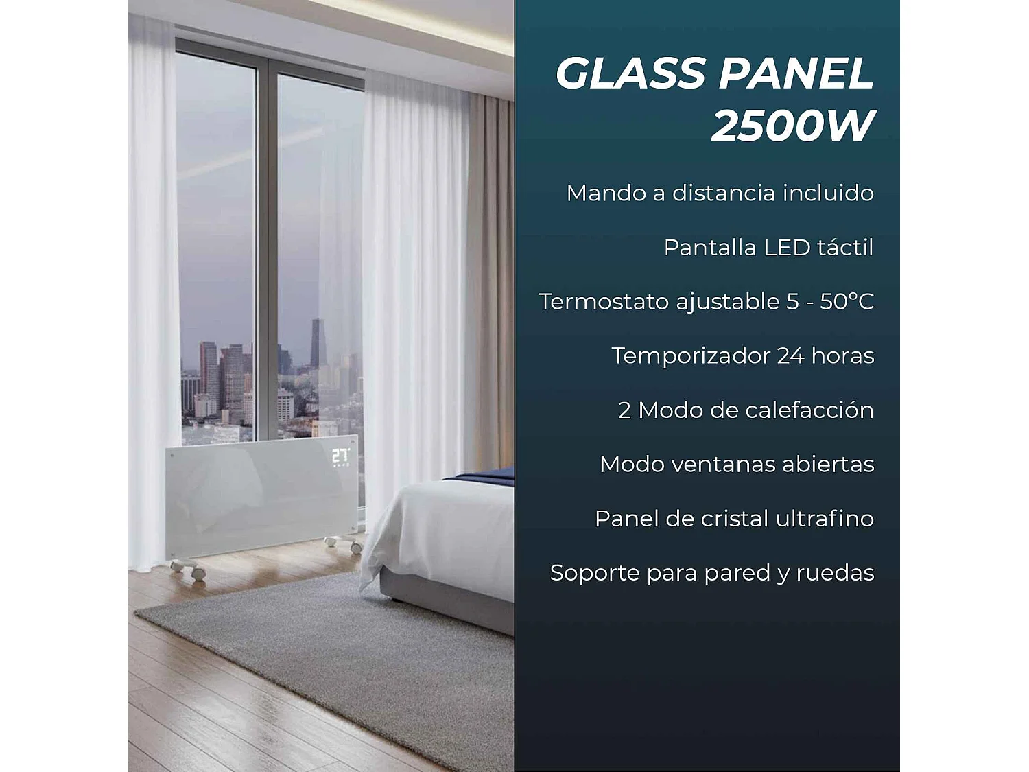 YOEVU - Emisor térmico de cristal 2500W , temporizador 24 horas, soporte con ruedas, 2 modos de potencia