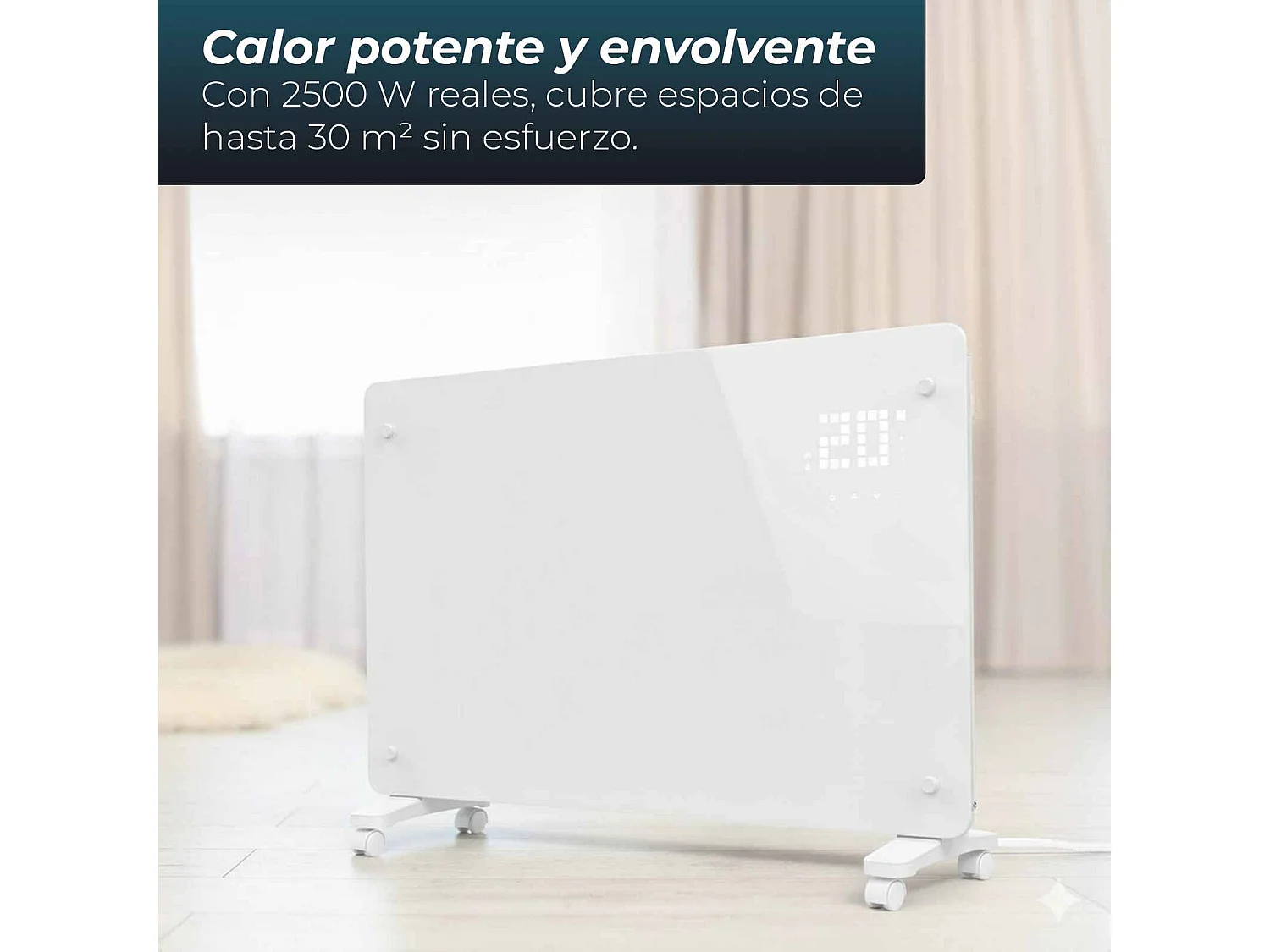 YOEVU - Emisor térmico de cristal 2500W , temporizador 24 horas, soporte con ruedas, 2 modos de potencia