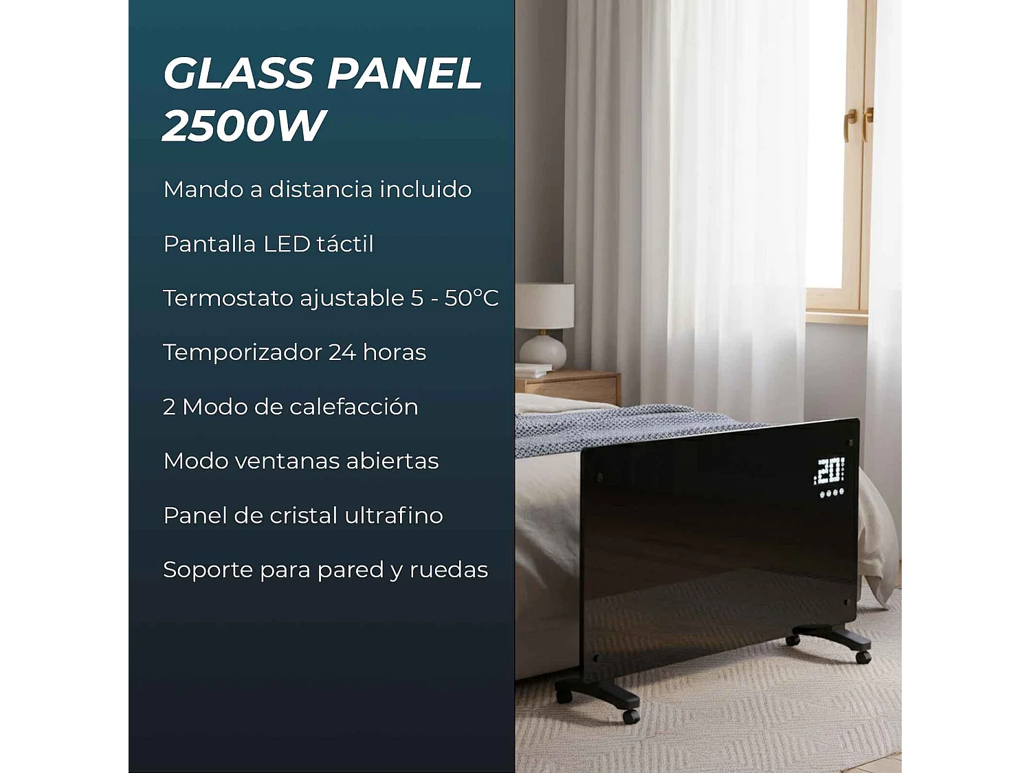 YOEVU - Emisor térmico de cristal 2500W , temporizador 24 horas, soporte con ruedas, 2 modos de potencia