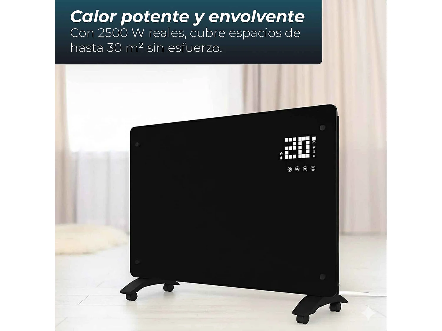 YOEVU - Emisor térmico de cristal 2500W , temporizador 24 horas, soporte con ruedas, 2 modos de potencia