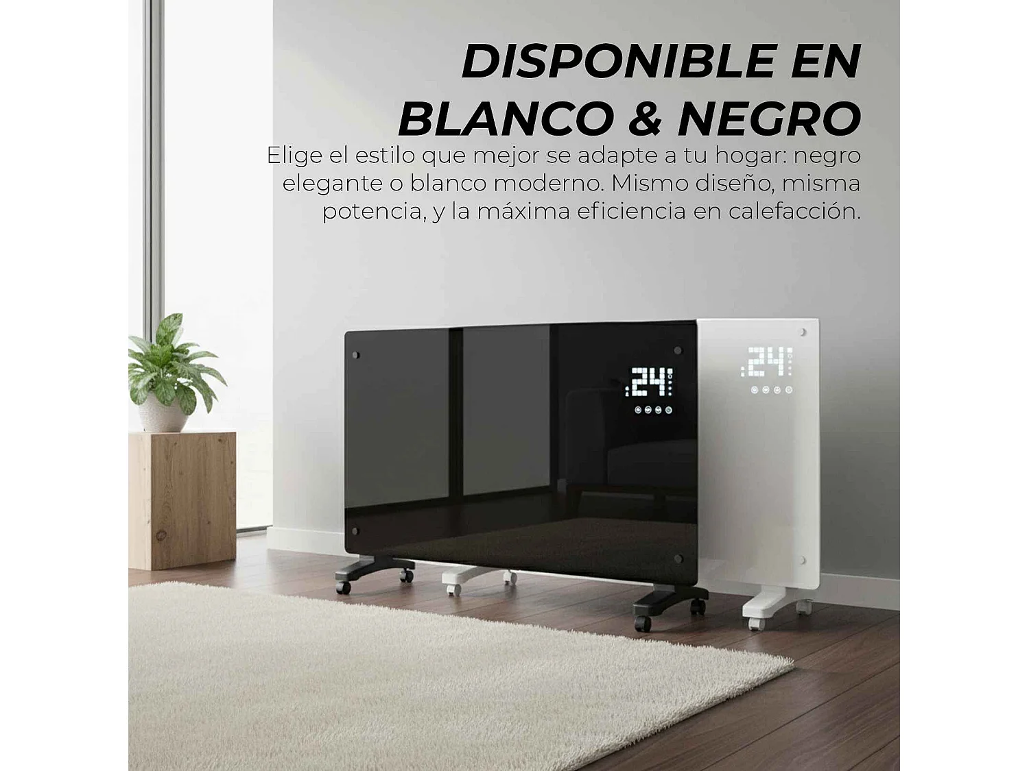 YOEVU - Emisor térmico de cristal 2500W , temporizador 24 horas, soporte con ruedas, 2 modos de potencia