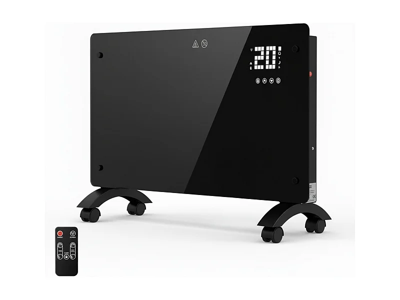 YOEVU - Emisor térmico de cristal 2500W , temporizador 24 horas, soporte con ruedas, 2 modos de potencia