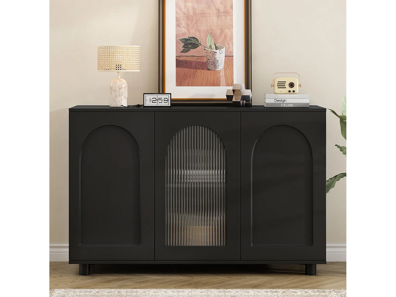 Buffet élégant et sobre en forme de U - 120 x 40 x 78.5 cm - avec porte vitrée idéal - MDF - noir