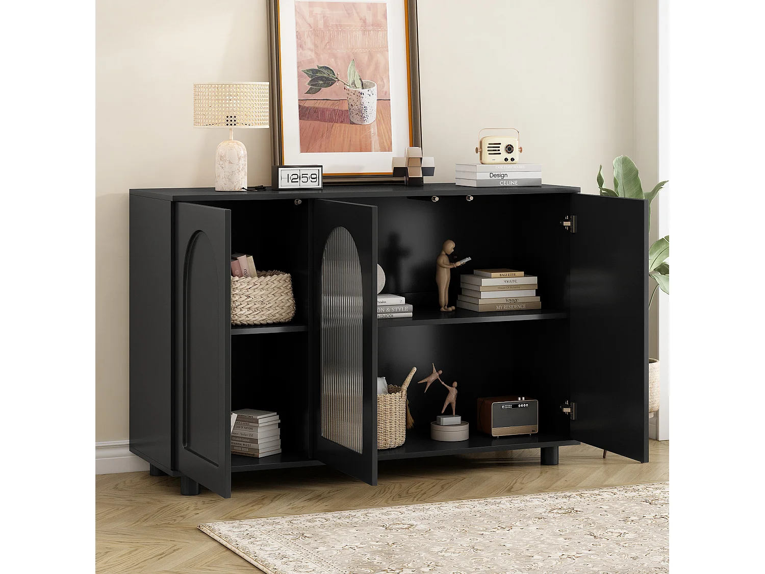 Buffet élégant et sobre en forme de U - 120 x 40 x 78.5 cm - avec porte vitrée idéal - MDF - noir