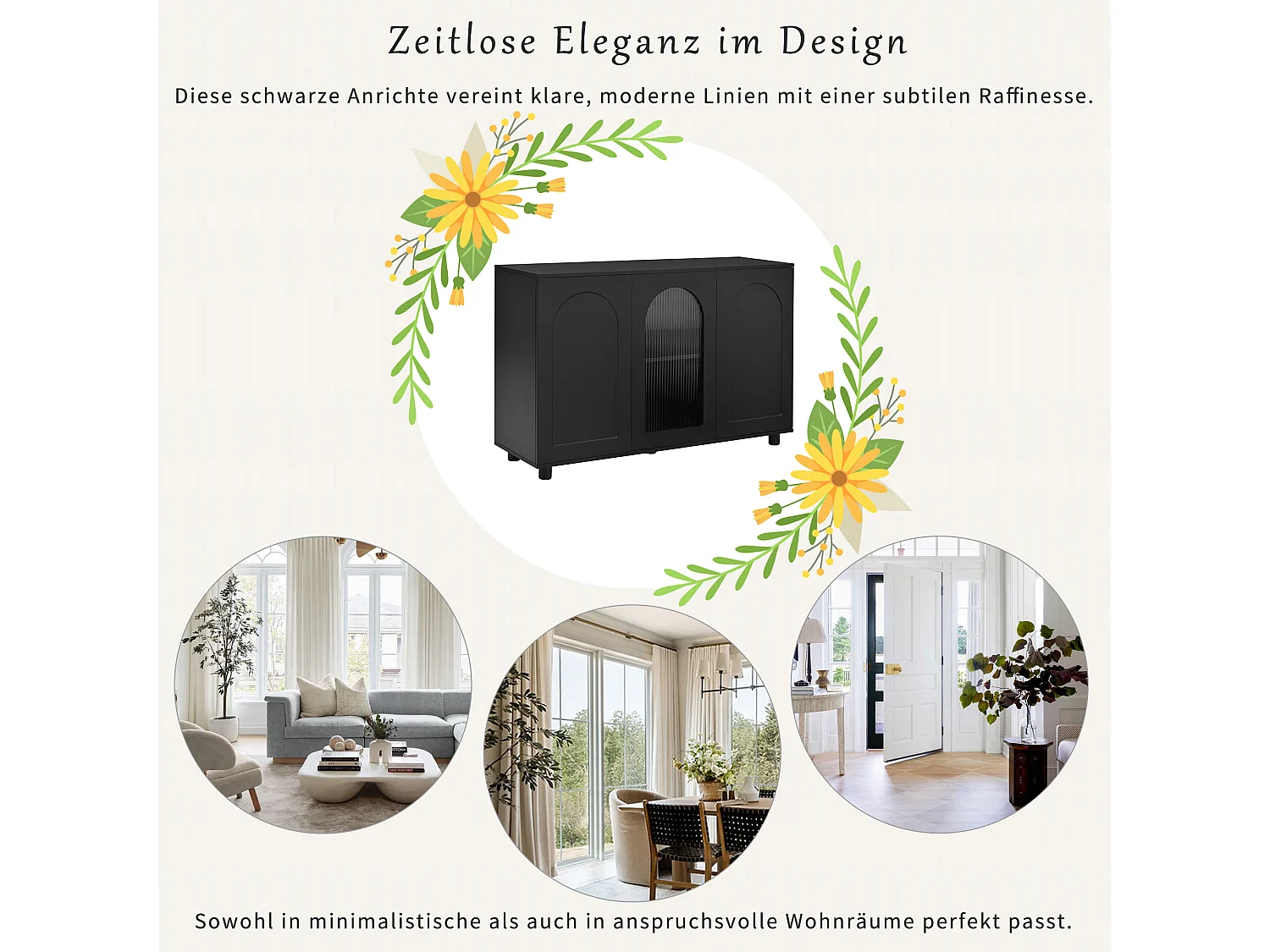 Buffet élégant et sobre en forme de U - 120 x 40 x 78.5 cm - avec porte vitrée idéal - MDF - noir