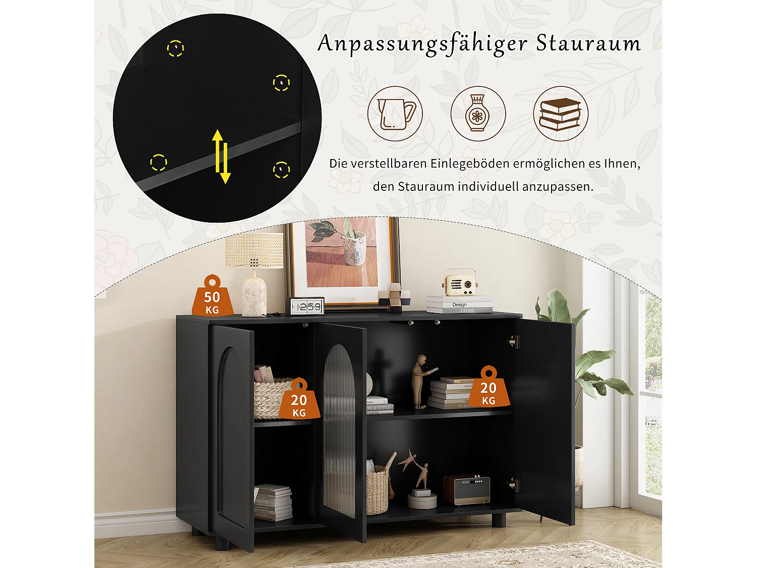 Buffet élégant et sobre en forme de U - 120 x 40 x 78.5 cm - avec porte vitrée idéal - MDF - noir