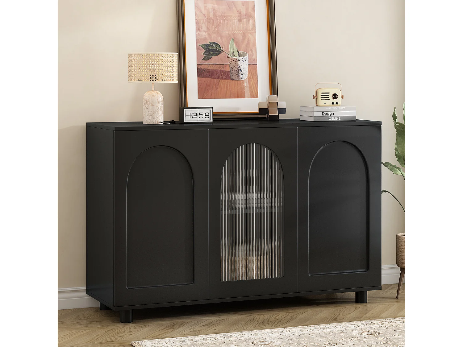 Elegante e sobria credenza a forma di U - 120 x 40 x 78,5 cm - con anta in vetro - ideale per qualsiasi spazio - MDF - nero