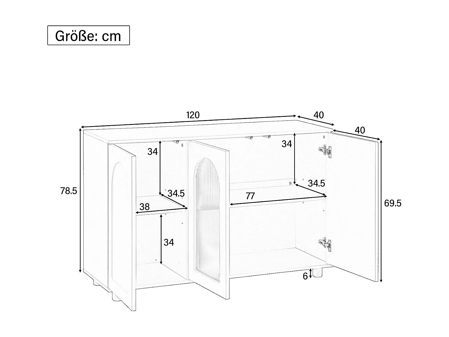 Elegante e sobria credenza a forma di U - 120 x 40 x 78,5 cm - con anta in vetro - ideale per qualsiasi spazio - MDF - nero
