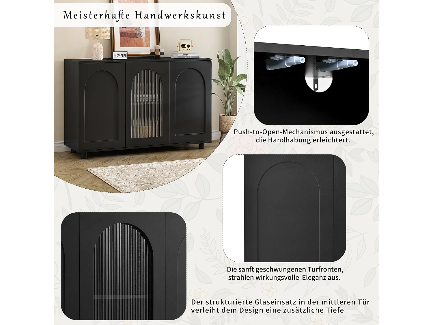 Elegante e sobria credenza a forma di U - 120 x 40 x 78,5 cm - con anta in vetro - ideale per qualsiasi spazio - MDF - nero