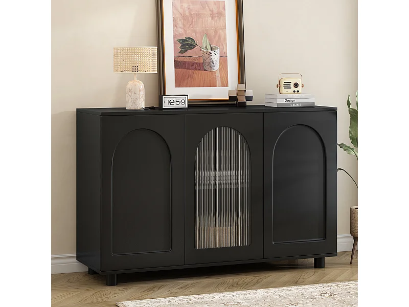 Elegantes und schlichtes U-förmiges Sideboard – 120 x 40 x 78,5 cm – mit Glastür – ideal für jeden Raum – MDF – schwarz