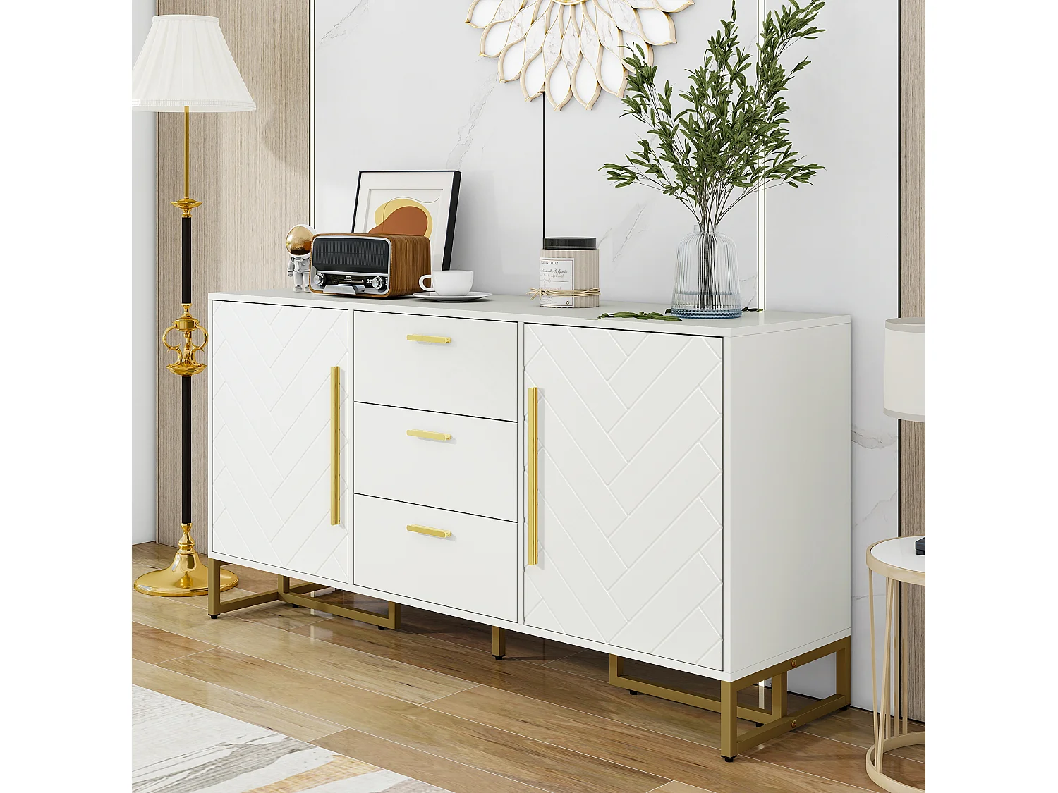Elegante credenza con motivo a chevron - 145 x 40 x 75 cm - con 2 ante + 3 cassetti - MDF - bianco