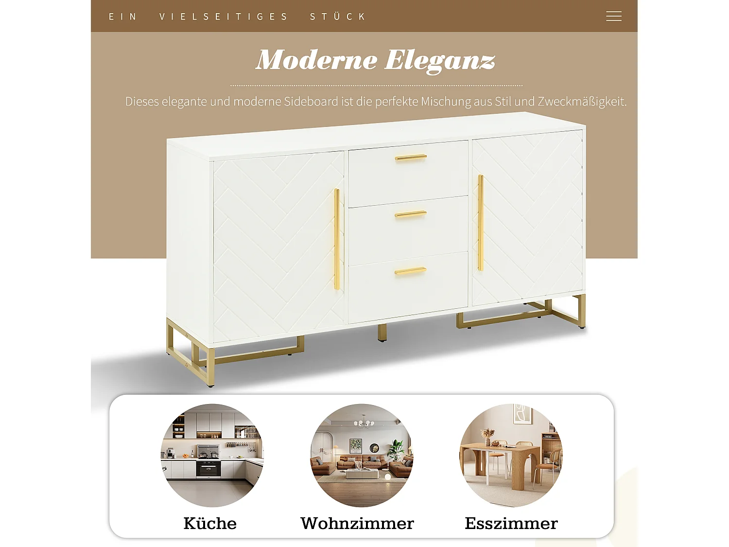 Elegante credenza con motivo a chevron - 145 x 40 x 75 cm - con 2 ante + 3 cassetti - MDF - bianco