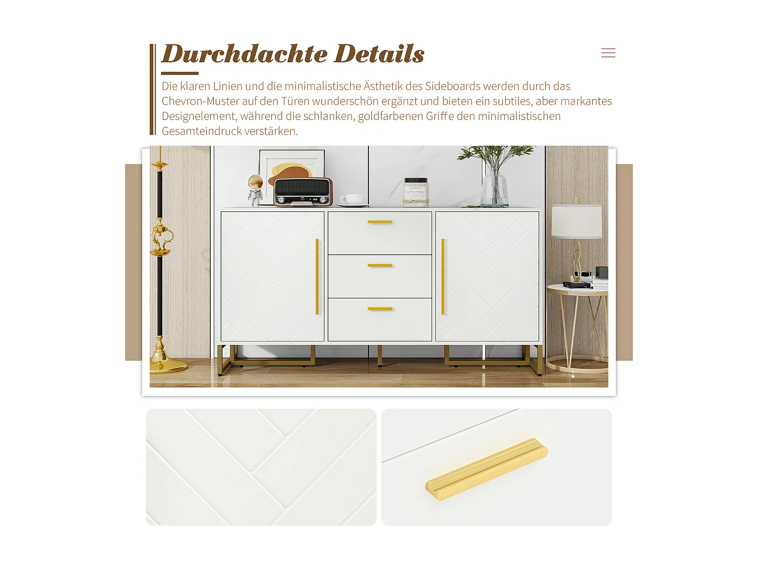 Elegante credenza con motivo a chevron - 145 x 40 x 75 cm - con 2 ante + 3 cassetti - MDF - bianco