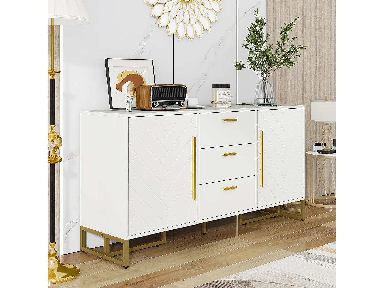 Elegante credenza con motivo a chevron - 145 x 40 x 75 cm - con 2 ante + 3 cassetti - MDF - bianco