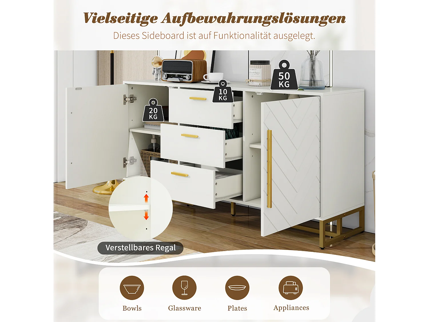 Elegante credenza con motivo a chevron - 145 x 40 x 75 cm - con 2 ante + 3 cassetti - MDF - bianco