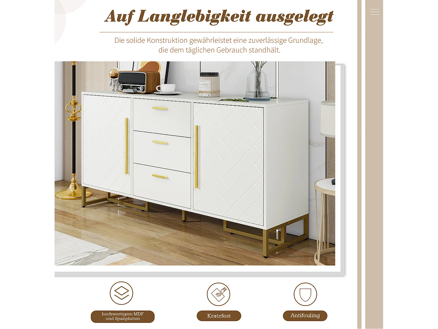 Elegante credenza con motivo a chevron - 145 x 40 x 75 cm - con 2 ante + 3 cassetti - MDF - bianco