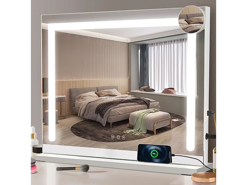 Lustro do makijażu NETTLIFE z oświetleniem, 80 x 60 cm, lustro toaletkowe z oświetleniem, ściemnialna dioda LED, lustro toaletkowe