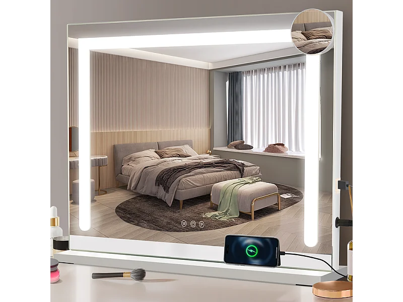 Miroir de maquillage NETTLIFE avec éclairage, 80 x 60 cm, miroir de coiffeuse avec lumière, LED tactile à intensité variable, miroir de courtoisie