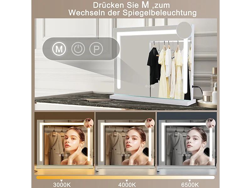 Miroir de maquillage NETTLIFE avec éclairage, 80 x 60 cm, miroir de coiffeuse avec lumière, LED tactile à intensité variable, miroir de courtoisie