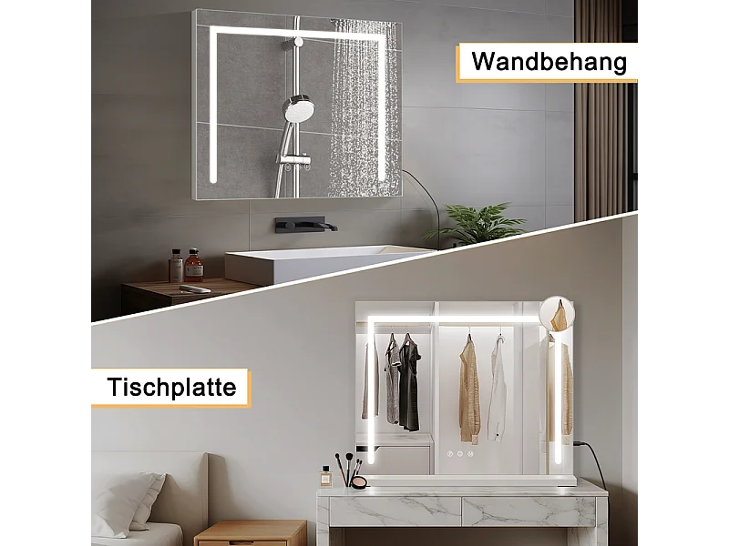 Miroir de maquillage NETTLIFE avec éclairage, 80 x 60 cm, miroir de coiffeuse avec lumière, LED tactile à intensité variable, miroir de courtoisie